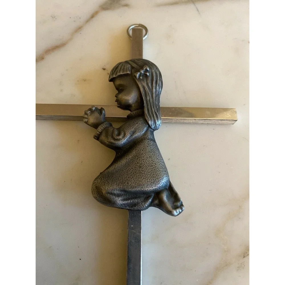 Praying Girl Wall Cross Metal Religious Decor 11 Inches Long Vintage Style Hangi